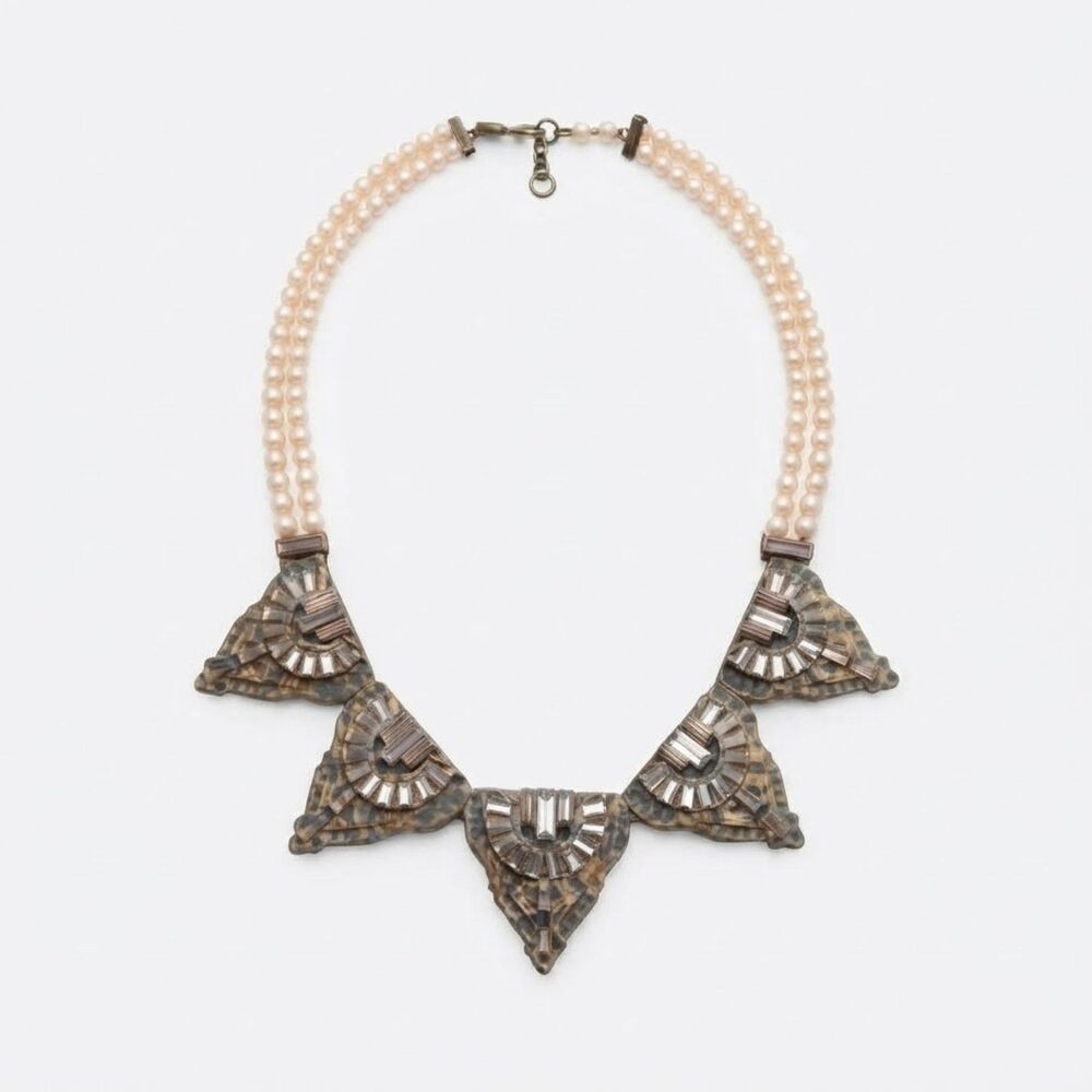 NWT Vintage Designer Art Deco Baguette Crystal Pearl Wing Crystal Necklace 98